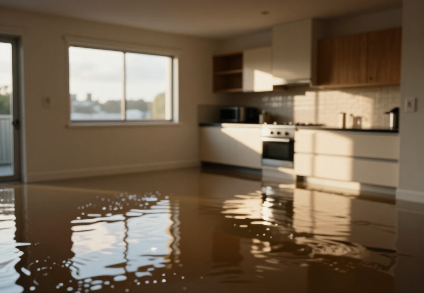 Flooded office space in Chifley before restoration